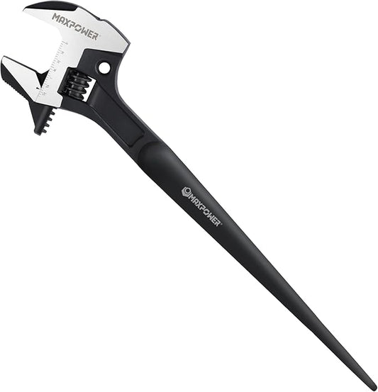 MAXPOWER 16-inch Adjustable Construction Spud Wrench, 4 in 1 Multifunctional Use for Spud Wrench, Adjustable Wrench and Hammer, Max Jaw Capacity Ups to 1.57"