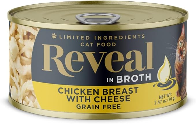 Reveal Natural Wet Canned Cat Food, Limited and Natural Ingredients, Grain Free, High Protein with No Artificial Additives, Chicken Breast with Cheese in Broth (24 x 2.47 oz Cans)