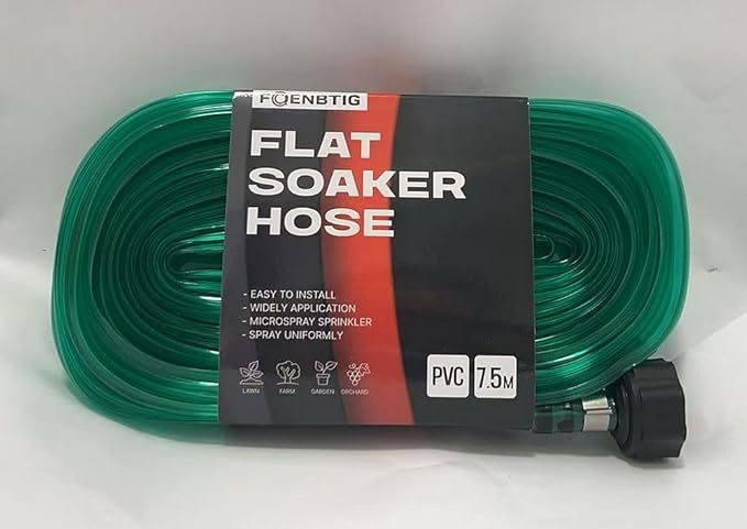 PVC Flat Soaker Hose drip Garden Vegetable Water Hose Irrigation Spray Hose Double Connector with Holes (25FT)