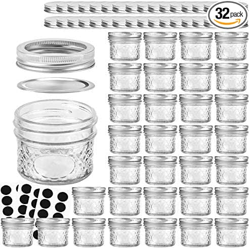 VERONES Mason Jars Canning Jars, 4 OZ Jelly Jars With Regular Lids and Bands, Ideal for Jam, Honey, Wedding Favors, Shower Favors, DIY Spice Jars, 32 PACK,Extra 32 Lids