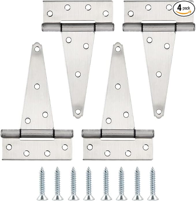 HOME MASTER HARDWARE 6 Inch Stainless Steel Gate Hinges for Wooden Fences Heavy Duty Tee Hinges,Shed Door Hinge,T-Strap Hinge for Outdoor Barns Gate with Screws 4 Pack