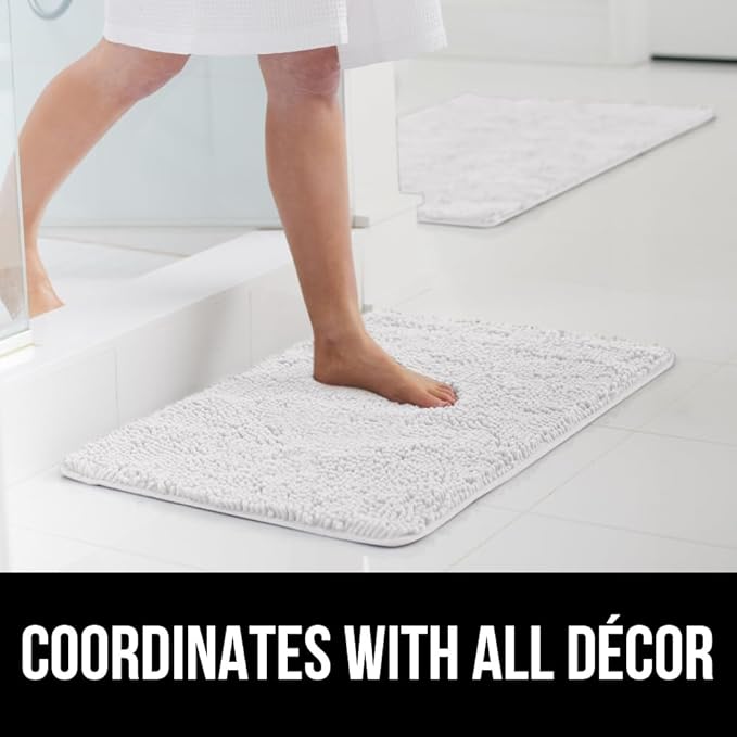 GORILLA GRIP Bath Rug Mat 48x24, Thick Soft Absorbent Chenille, Quick Dry Microfiber Mats, Rubber Backing Washable Shower Floor Rugs, Bathmat Runner, US Designed Bathroom Home Decor Accessories White