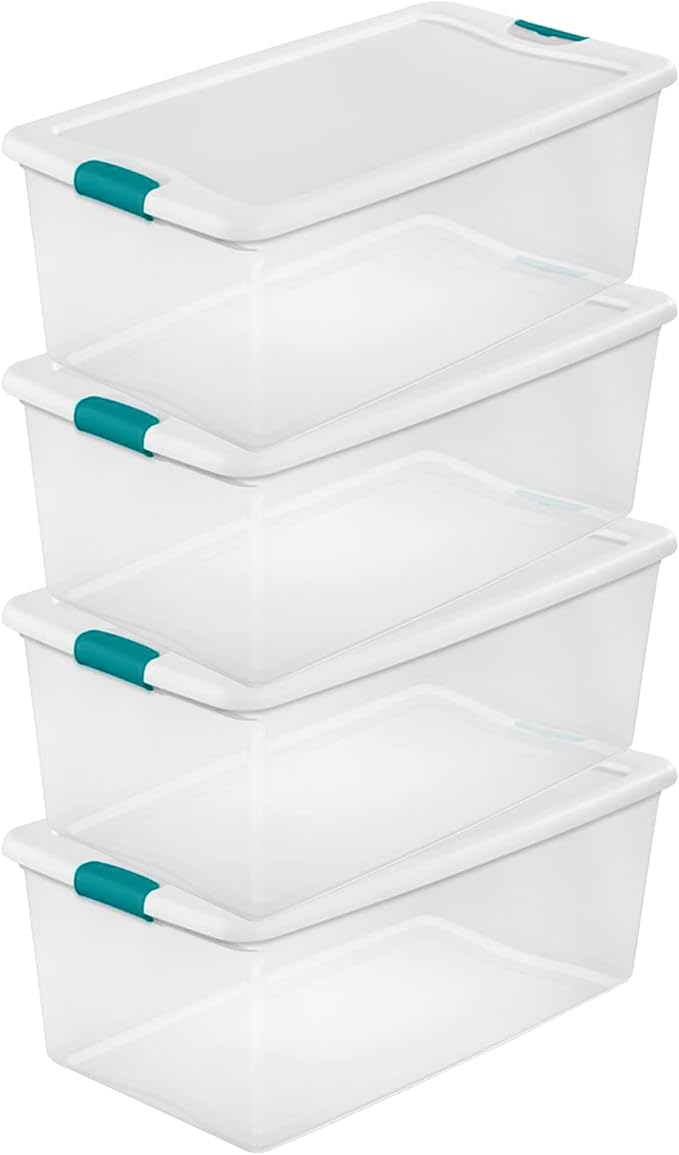 Sterilite 4 and 6 Pack Latching Storage Bins, Plastic Organizing Lidded Totes, 106 Qt and 64 Qt