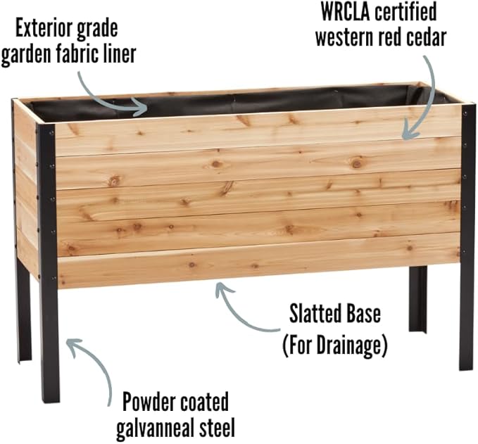 EARTH ELEVATED 100% Canadian Cedar Wood Elevated Garden Bed for Gardening - Planter Pot to Grow Herbs Flowers, and Vegetables at Home Indoor and Outdoor Patio Balcony Deck - 18” x 48” x 30”
