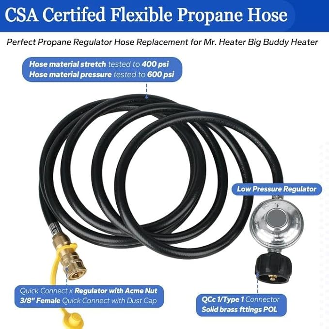 12ft F271803 Propane Hose with Regulator, QCC1 Propane Tank Connection x 3/8 inch Female Quick Connect, Propane Heater Hose Assembly to QCC1 Propane Tank for Indoor Outdoor Heater Gas Grill Connectors