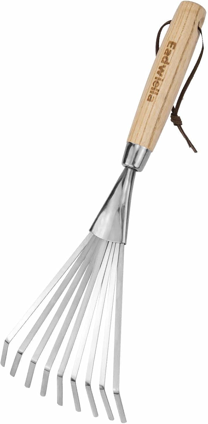 Hand Cultivator with 9-Teeth Rake - 14.4 Inch for Garden Bed Cultivating Soil, Weeding, Raking Leaves, Levelling Gravel - Solid Wood Handle