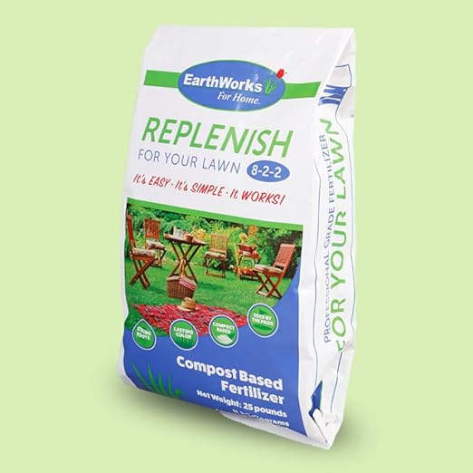 EarthWorks EW4H Replenish Lawn Fertilizer, Organic Compost Grass Food, Deep Root Turf Booster, Year-Round Green, Soil-Building Formula for All Seasons, 25 lbs