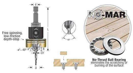 Amana Tool 55150 Carbide Tipped 82 Degree Countersink with Tapered Drill and Adjustable Depth Stop with No-Thrust BB 3/8 D x 3/32 Drill D x 1/4 Inch Quick Release Hex SHK