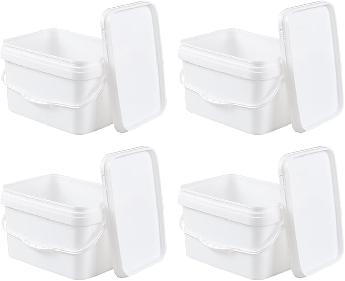 3 Gallon Rectangular Buckets Pails, 4 Pack Food Safe Buckets with Airtight Locking Lids, White