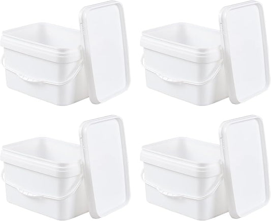 3 Gallon Rectangular Buckets Pails, 4 Pack Food Safe Buckets with Airtight Locking Lids, White