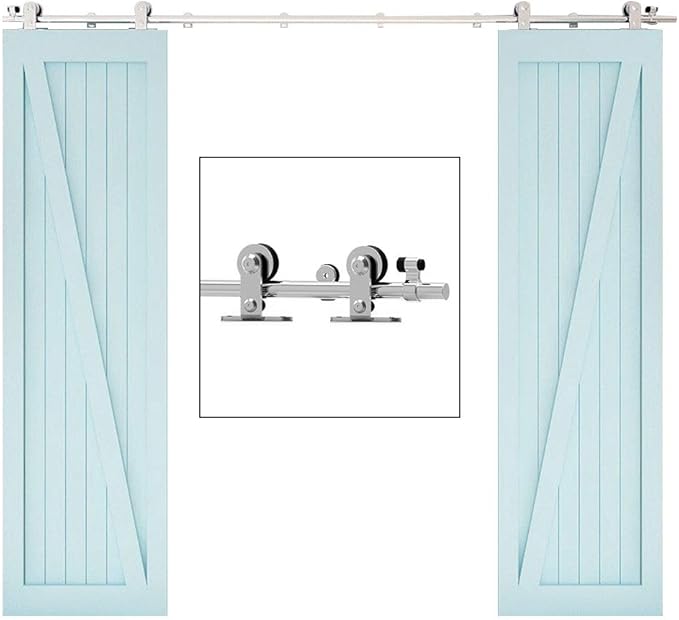 TSMST 7.5FT Sliding Barn Door Hardware Kit, Top Mount Stainless Steel Heavy Duty Sturdy Barn Door Track for Double Wood Door, Slide Smoothly Quietly (T Style)