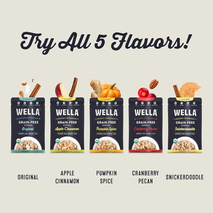 Wella Cereal Oatmeal Alternative, Gluten-Free Breakfast Hot Cereal, Grain-Free Paleo Organic Vegan High Protein Superfood, Plant-Based Non-GMO, Low in Net Carbs, Single-Serve Packets, Flavor Variety Sampler (10 Count, 2 of Each Flavor, 1.6 oz. Packets)