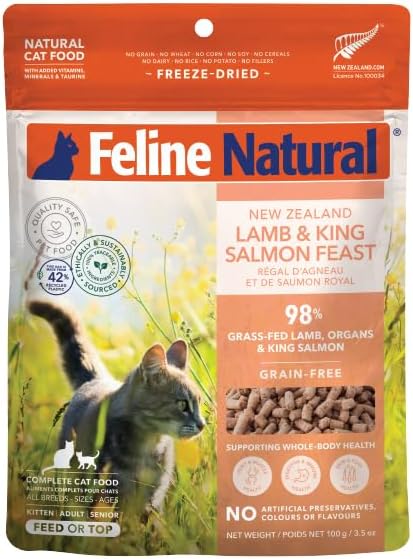Feline Natural High Protein Dry Cat Food, Freeze-Dried Diet with 98% Meat, Organs & Seafood, No Peas, Grains, or Artificial Additives, Made in New Zealand, Lamb & King Salmon, 3.5oz (Pack of 2)