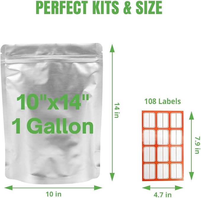 10x17 Inch Food Storage Aluminum Mylar Bags, Mylar Bags for Packaing with Oxygen Absorbers 300cc and Labels, Stand up Pouches, Thick 10 Mil Resealable Pouches for Long Term Food Container Sets 50 Pack