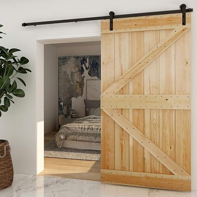CCJH 9FT Single Sliding Barn Door Hardware Kit Black Carbon Steel Hanger Flat Track System for Closet Kitchen 1 Door 54 inch Wide, Smoothly and Quietly I Shape Roller