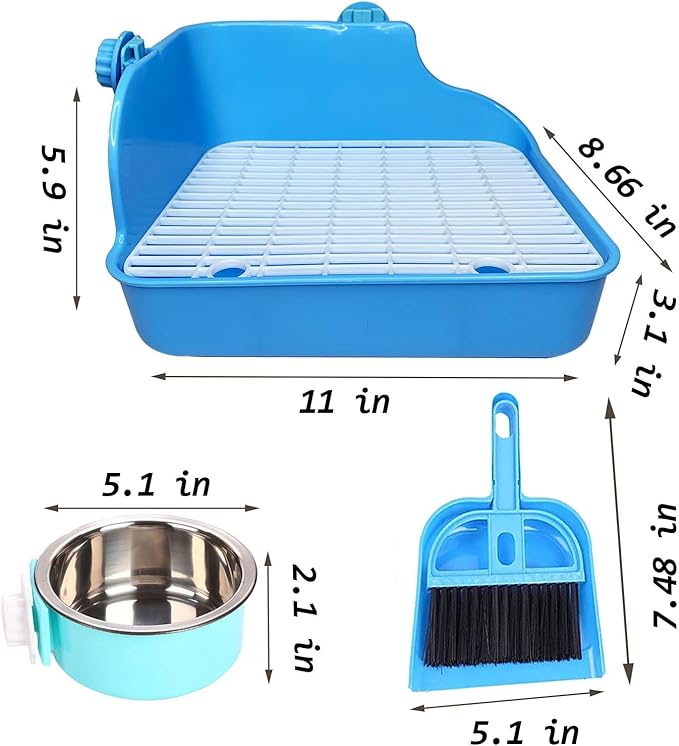 kathson Rabbit Litter Box, Bunny Corner Litter Pan, Pet Toilet Potty Trainer Bedding Box with Detachable Hanging Pet Cage Bowl for Rabbit Bunny Guinea Pig Ferrets Chinchilla(Blue)