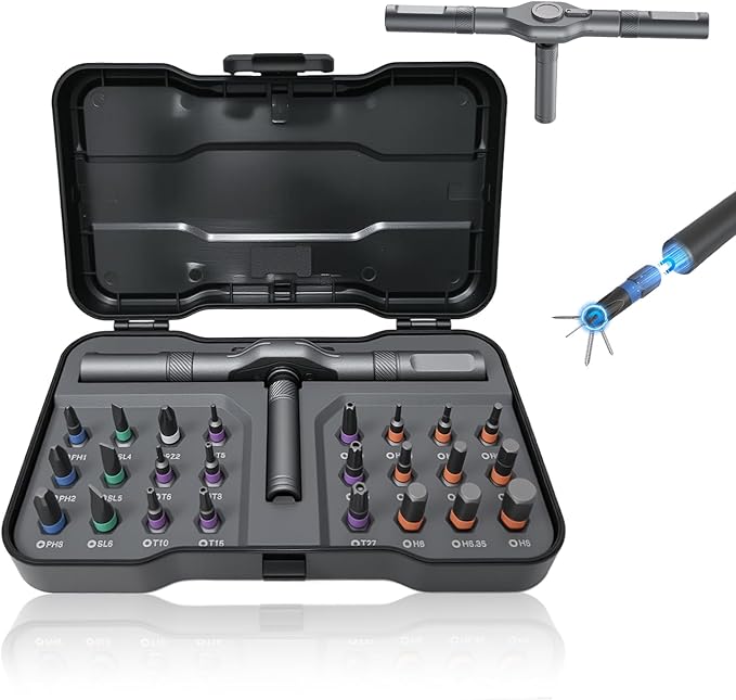 24 in 1 Magnetic Ratchet Screwdriver Set, Magnetic DIY Multi Bit Ratcheting Screwdriver Set, Removable Self-Assembly Portable Repair Tool kit for PC Mobile/Watch/Electronics/Bicycle