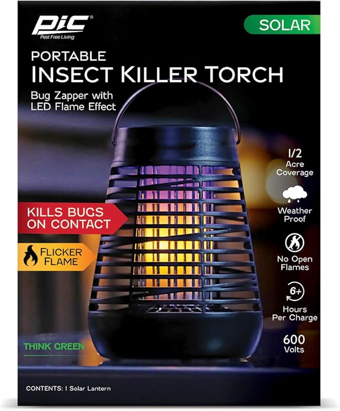PIC Portable Bug Zapper, 600V Solar Powered Insect Trap & Fly Zapper for Outdoor Use, LED Flickering Flame, Activates Automatically in Dark, Weatherproof Outdoor Fly Trap, Kills Bugs on Contact