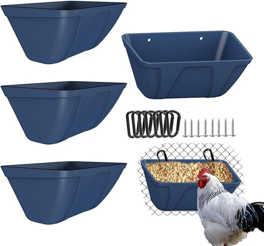Fence Hanging Chicken Feeder for Duck, Piglets, Goat Feeder Poultry Feeding Container for Livestock Feed Trough Water Bucket(Blue 4)