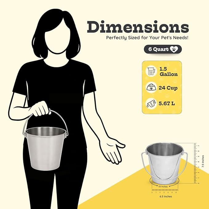 6 quart Heavy Duty Stainless Steel Round Bucket with Handle | 1.5 gal Sturdy Food & Water Bowl for XL Dogs Cats Goat sheep & Livestock | Fits kennel Crate Cage Farm | Hanging Utility Pail