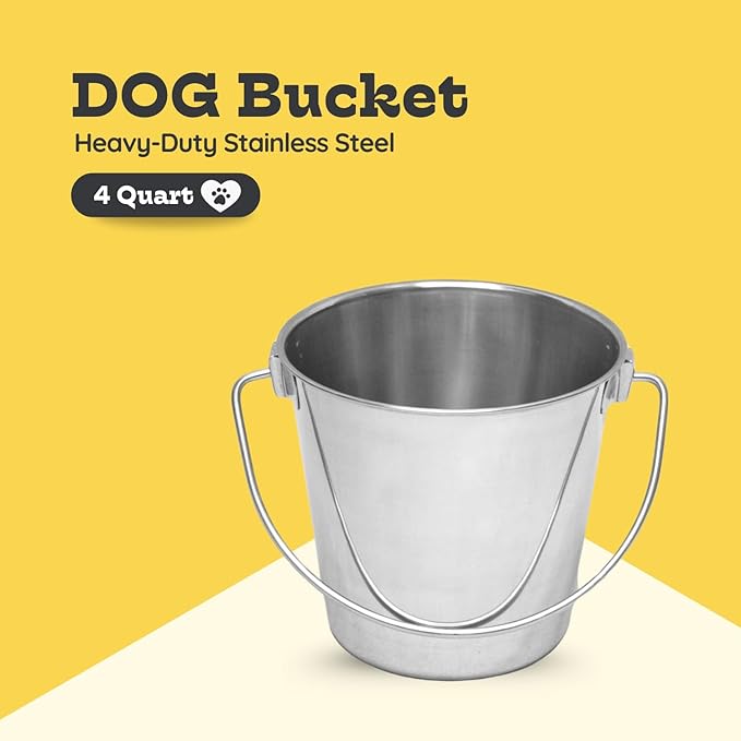 4 quart Heavy Duty Stainless Steel Round Bucket with Handle | 1 gal Durable Food & Water Bowl for Birds Dogs Cats Goat & Livestock | Fits kennel Crate Cage Farm | Hanging Utility Pet Pail