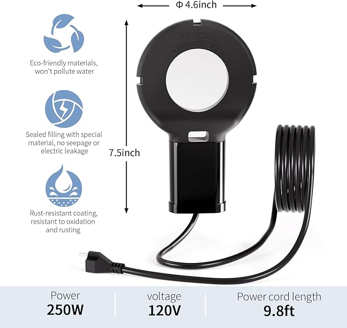 250 Watt Bird Bath De-Icer with Thermostat, Cast Aluminum Submersible Chicken Water Heater, Heated Bird Bath, Power Cord 9.8 Ft