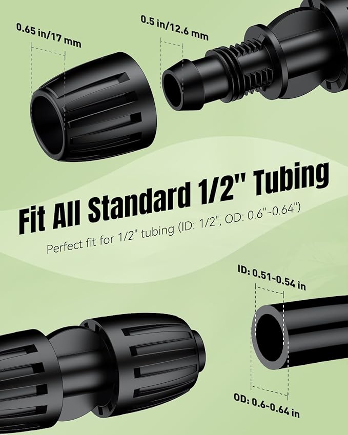 Pawfly 15 Pcs Drip Irrigation Fittings for 1/2 Inch Irrigation Tubing (1/2" ID x 0.64" OD), 1/2" Drip Line Connectors with Anti-Drop Lock Nuts, Barbed Coupling Parts for Garden Irrigation System