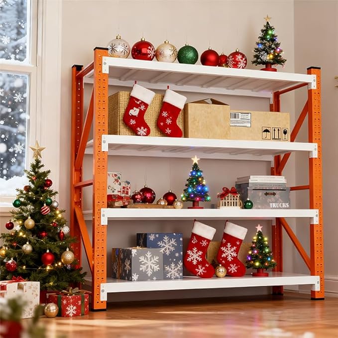 79" H Garage Shelving,3500LBS Heavy Duty Storage Rack,4 Tiers Metal Storage Rack Shelf, Adjustable Shelving Unit for Garage,Kitchen,Warehouse,Basement,78.7" H x 59" W x 19.6" D,Orange&White