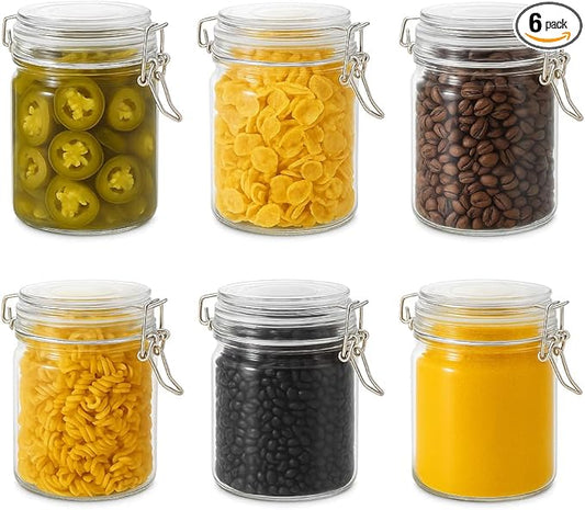 25oz Airtight Glass Jars with Lids, Set of 6 Food Storage Containers & Canisters, Clear Mason Jars with Clamp Seal for Canning, Cereal, Coffee, Pasta, Sugar, Beans & Spices