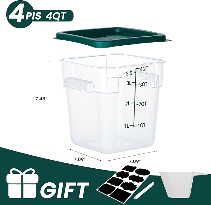 4 Pack Food Storage Containers with Lids, 4 Quart Square Commercial Food Containers, NSF, Polycarbonate, Clear
