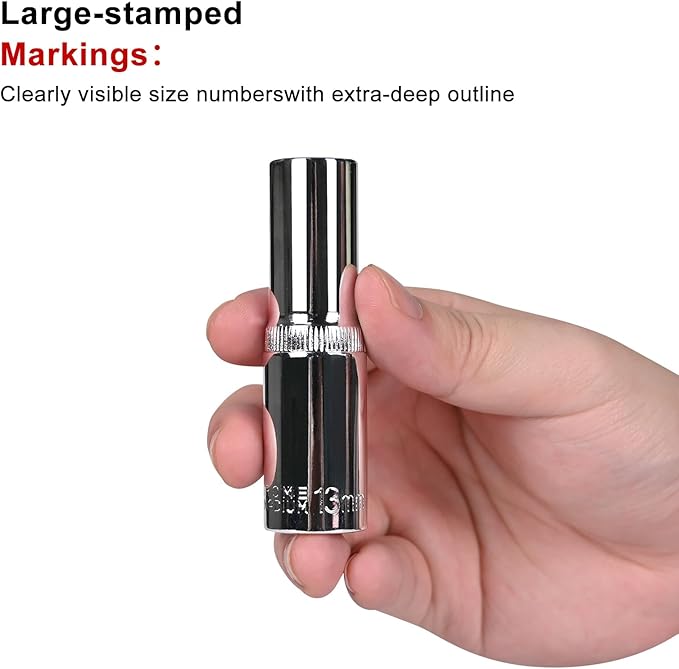 Egofine 10PCS 1/2” Drive Deep Socket Set,Metric Socket Set（10mm-21mm,6 Point Socket Set With Hanging Bracket,Cr-V Steel