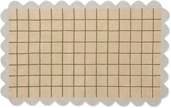 Scalloped Border Wool Area Rug with Windowpane Grid, Hand-Tufted, Beige-Blush with Sage Lines & Light Purple Edge - Soft High-Low Pile for Living Room, Bedroom, Nursery - 3x6 Ft