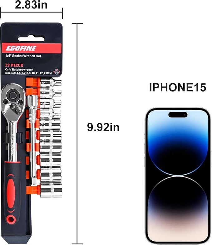 Egofine 12pcs 1/4 Inch Mini Ratchet Socket Wrench Set, Drive Socket Set with 10 Sockets (4-13mm) and 2 Way Quick Released Ratchet Handle and Extension Bar
