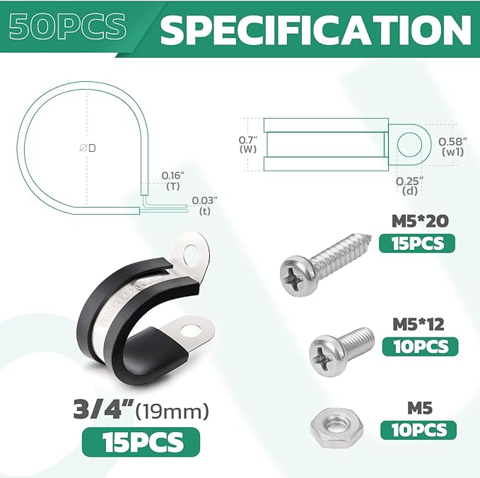 15PCS 3/4 Inch Cable Clamps with 35PCS Screws Assortment Kit 304 Stainless Steel Rubber Cushioned Insulated Cable Clamp, Automotive Wire Pipe Clamps(19mm)