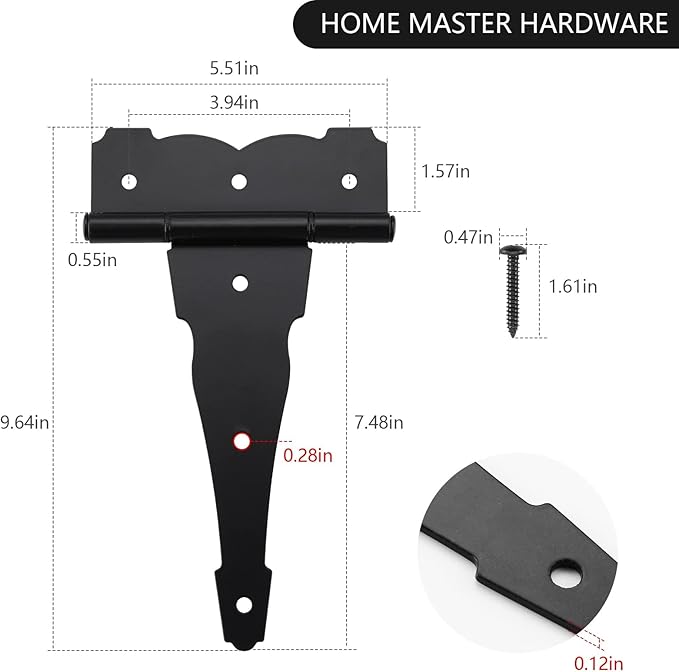 HOME MASTER HARDWARE 8 in Heavy Duty Decorative T Strap Hinge Shed Storage Gate Barns Tee Hinges with Screws Black Finish 6 Pack