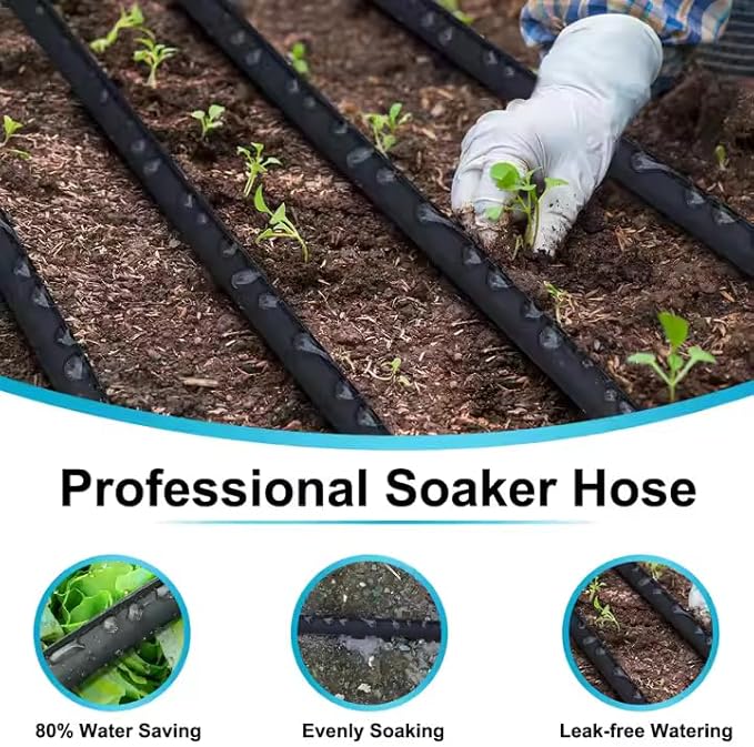 100 ft Soaker Hose – Flat Soaker Hose 100 ft for Lawn, Raised Beds & Flower Gardens – Lightweight PVC Drip Hose, Water-Saving Irrigation, Flexible & UV-Resistant
