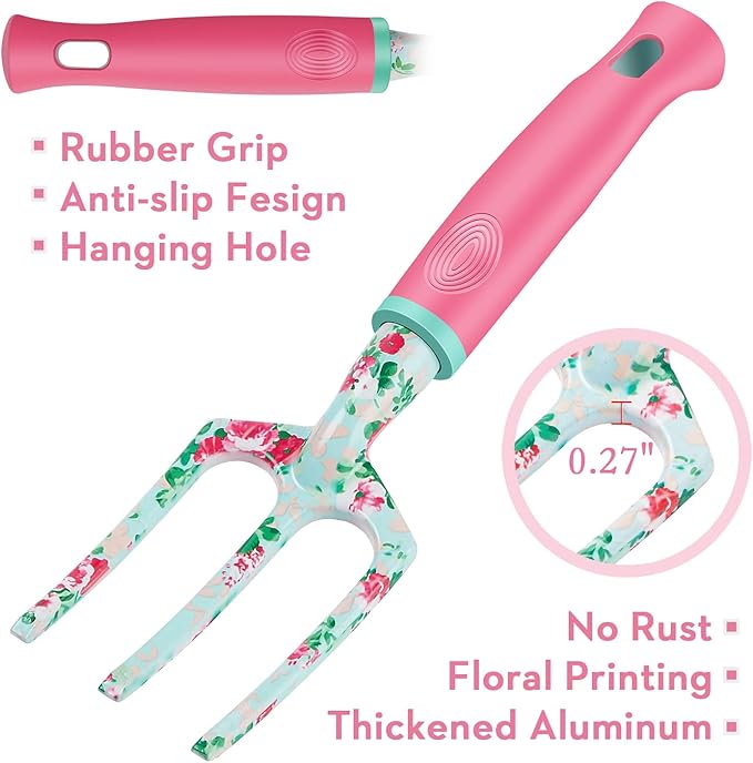 Gardening Tools, 8 Pcs Heavy Duty Floral Garden Tool Set Birthday Gifts for Women WANCHI Rose Red Gardening Kit (Garden Tool Bag Kneeling Pad Weeder Fork Hand Rake Pruning Shears Trowel Transplanter)