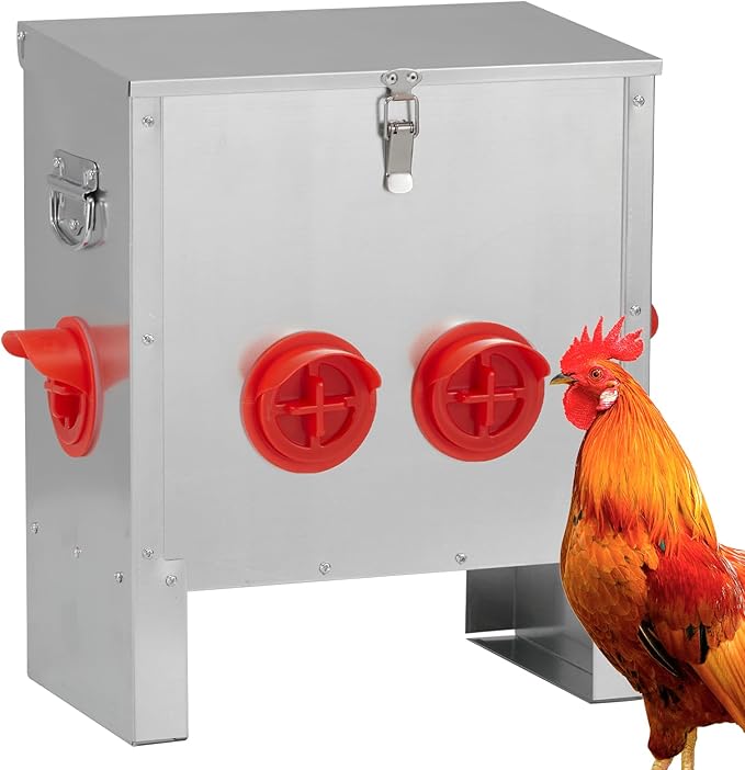 Automatic Chicken Feeder 25lbs Capacity, Galvanized Metal Poultry Feeding Equipment with 4 Ports, Rainproof & Rodent Proof Chicken Food Dispenser for Backyard Coop & Farm Use