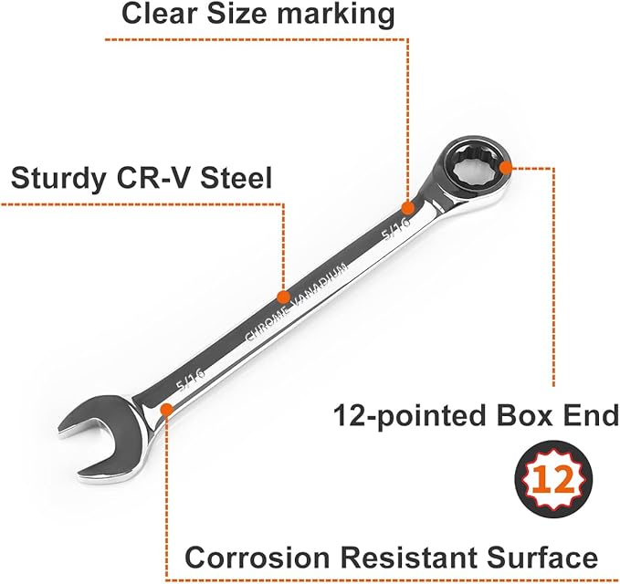 Egofine 5/16 inch Ratcheting Combination Wrench SAE, Industrial Grade Gear Spanner with 12-Point Design, 72-Tooth Ratchet, Chrome Vanadium Steel