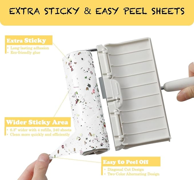 Large Surface Lint Roller with Extendable Long Handle Dust-Proof Cover 6.3'' Wider 240 Sheets, Long Handle Sticky Mop for Cleaning Furniture Carpet Floor Curtains and Pet Hair