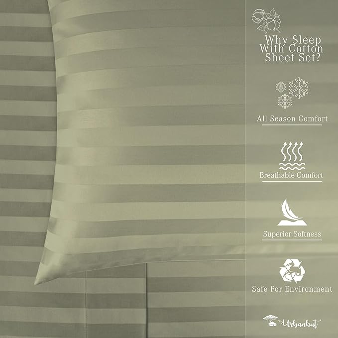URBANHUT 1000 Thread Count Damask Striped California King Size Egyptian Cotton Sheets, Long Staple Soft & Breathable, 4 Pc Bed Sheet Sets, Luxury Hotel Sateen Sheets Fits 16" Deep Pocket - Sage