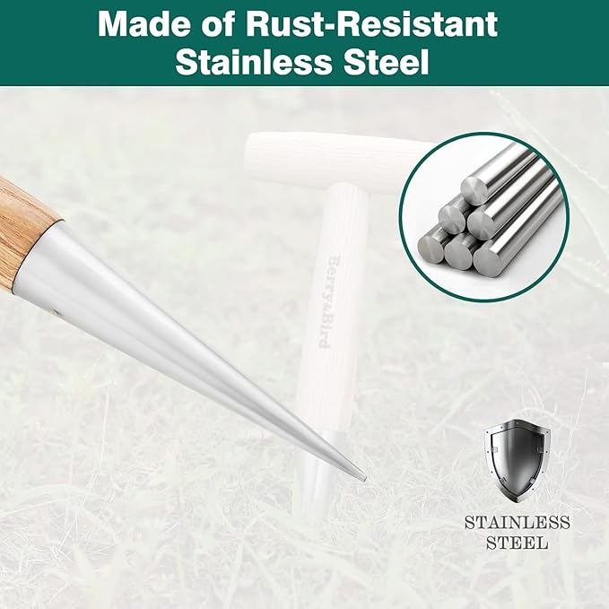 Berry&Bird Hand Dibber, Stainless Steel Sow Dibbler with Wood Handle, Garden Hole Punch Dibbler Tool for Planting Seeds & Bulbs, Hand Held Bulb Planter for Planting Flowers Tulips, Daffodils, Dahlias