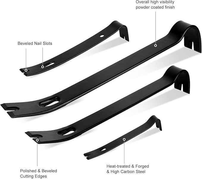 4-Piece Flat Pry Bar Set - 15",12",7",5.25" Heavy Duty Nail Puller, Utility Claw Bar, Wonder Bar, Crowbar, Mini Pry Bar, High Carbon Steel Forged Nail,baseboard and trim removal tool kit