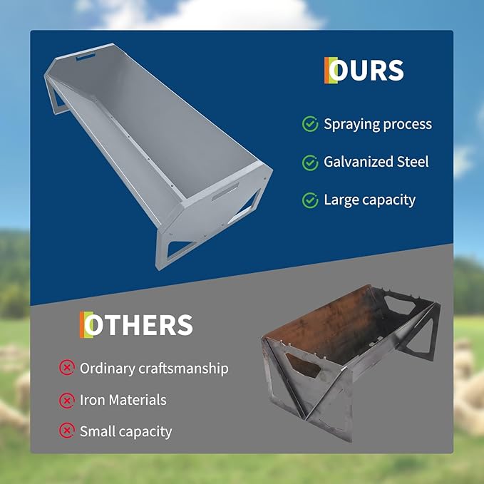 45.13" Heavy Duty Steel Goat Feeder, Heavy Duty 22 Gallon Capacity Livestock Feed Trough, Thickened Livestock Feeder for Goats, Sheep, Horses, Cattle, Alpacas, Easy to Clean, Silver
