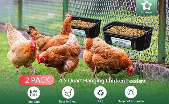 2 Pack Chicken Duck Dog Feeder, Poultry Feeders and Waterers, Hanging Goat Feeder, Livestock Feeding Container, Feed Trough and Waterer Bucket with Clips (Black)