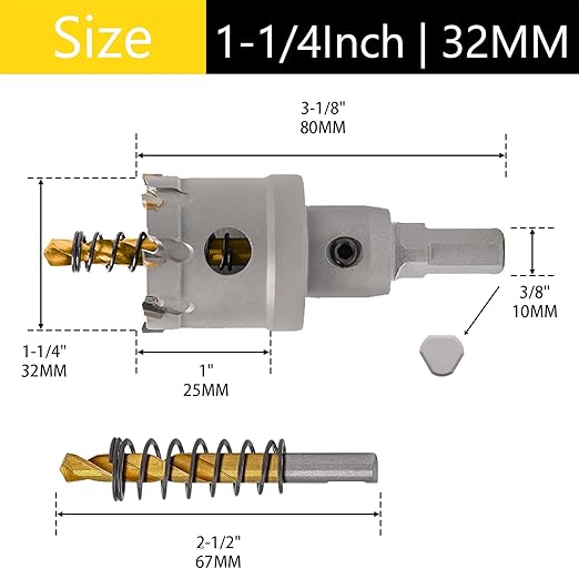1-1/4" (32mm) Hole Saw Heavy Duty Carbide 2-Pack Tungsten Carbide Tipped Hole Cutters cuts Stainless Steel, mild Steel, Iron, Copper, Brass, Plastic Titanium-Plated Pilot Drill Bits