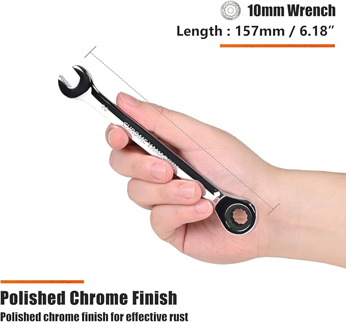 Egofine 10mm Ratchet Wrench, Ratcheting Combination Wrench Metric 10mm Wrench, Industrial Grade Gear Spanner with 12-Point Design, 72-Tooth Ratchet, Chrome Vanadium Steel