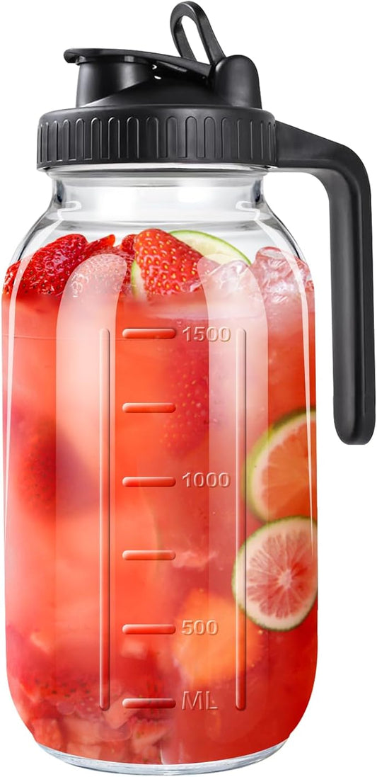 64oz Glass Pitcher with Lid, 2 Quart Mason Jar Pitchers with Lid and Spout, Wide Mouth Breast Milk Pitcher Glass Jug Sun Tea Pitchers, Cold Brew Coffee pitcher, Fridge Container for Water, Juice, Tea