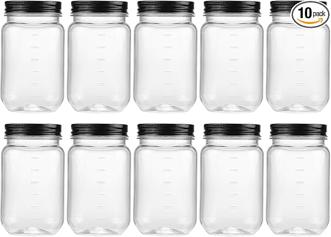novelinks 16 oz Clear Plastic Jars with Screw-On Lids - BPA-Free Refillable Storage Containers for Slime, Food, Crafts, Kitchen & Household Use (10 Pack,Black)