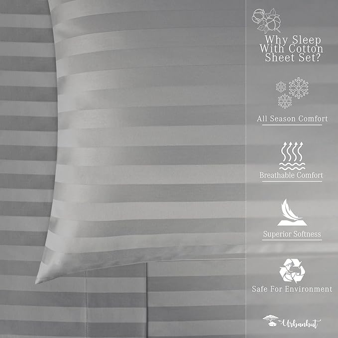 URBANHUT 1000 Thread Count Damask Striped Twin Size Egyptian Cotton Sheets, Long Staple Soft & Breathable, 4 Pc Bed Sheet Sets, Luxury Hotel Sateen Sheets Fits 16" Deep Pocket - Dark Grey